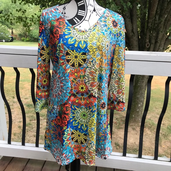 Mandala/Stained Glass Print V Neck Tunic/Mini Dress Multicolor Boho | M / L - Picture 7 of 10